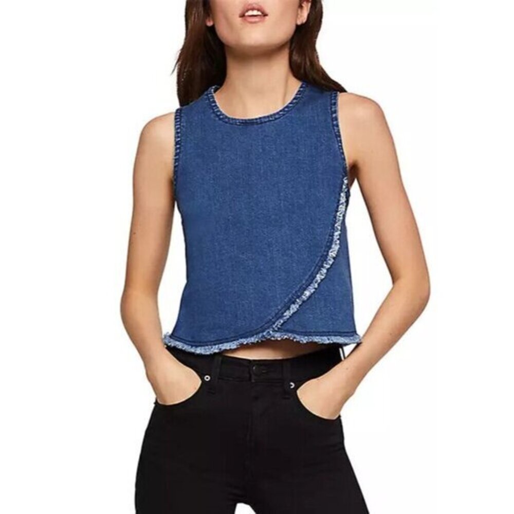BCBGeneration Denim Crop Top Frayed Hem Blue Medium Wash Denim Top SZ L NWT